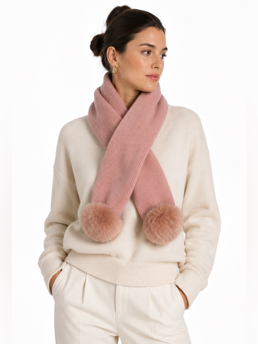 La Fiorentina Blush Pink Knit Pom Scarf Wrap OS